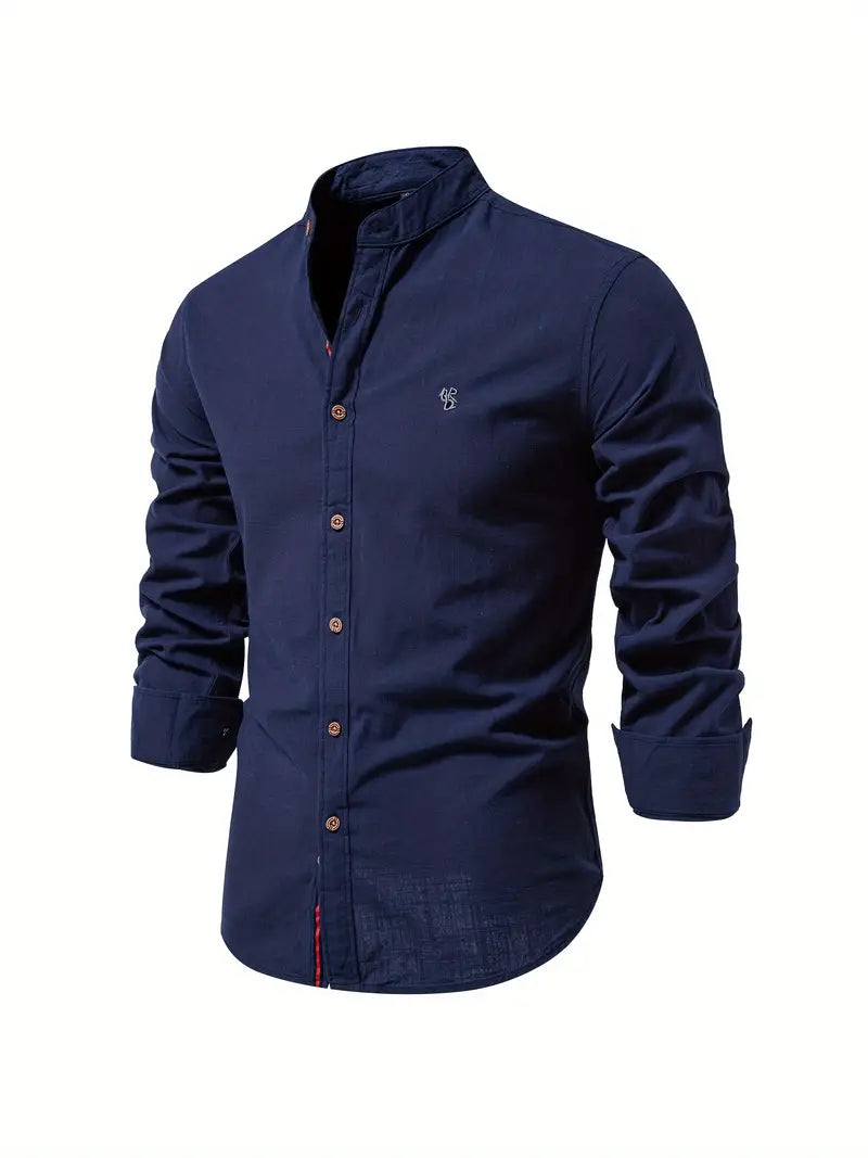 Fello | Herren Stehkragen Hemd Langarm Slim Fit Freizeithemd