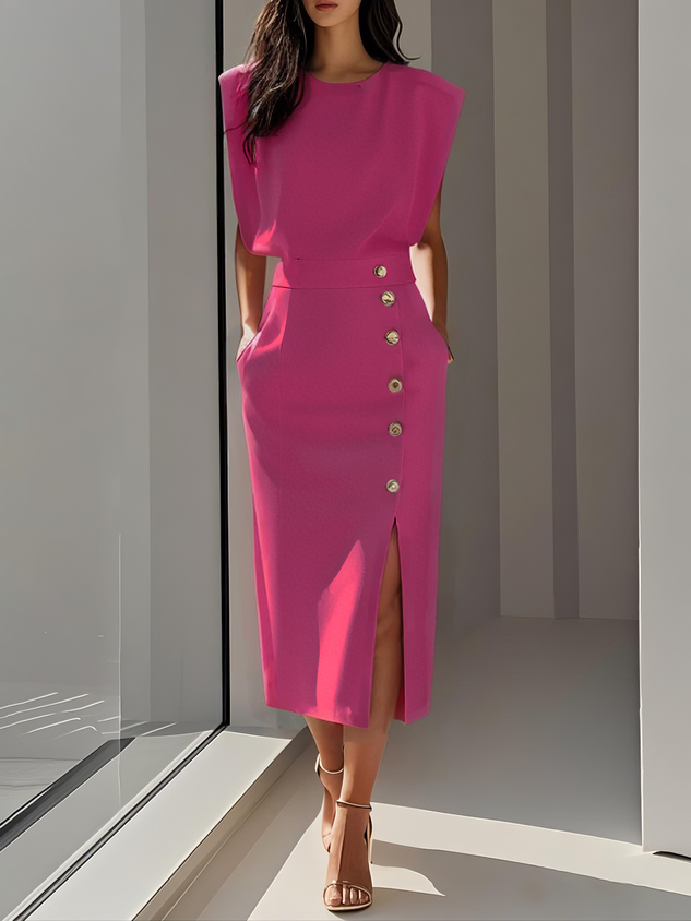 KROHN-E Damen Midi-Kleid Entspannter Schnitt Knopfdetail Vielseitig
