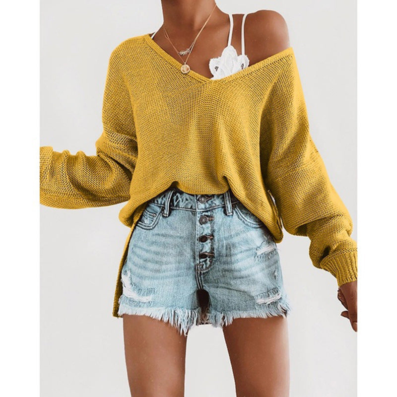 Damen lässiger Pullover mit tiefem V-Ausschnitt und überschnittenen Ärmeln Krohn-e