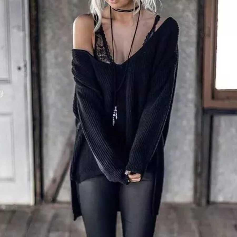 Damen Grobstrickpullover mit tiefem V-Ausschnitt und weiten Ärmeln Krohn-e