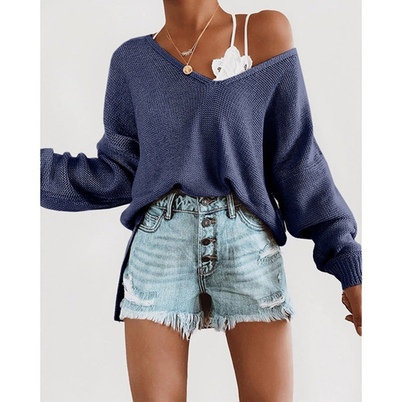 Damen lässiger Pullover mit tiefem V-Ausschnitt und überschnittenen Ärmeln Krohn-e