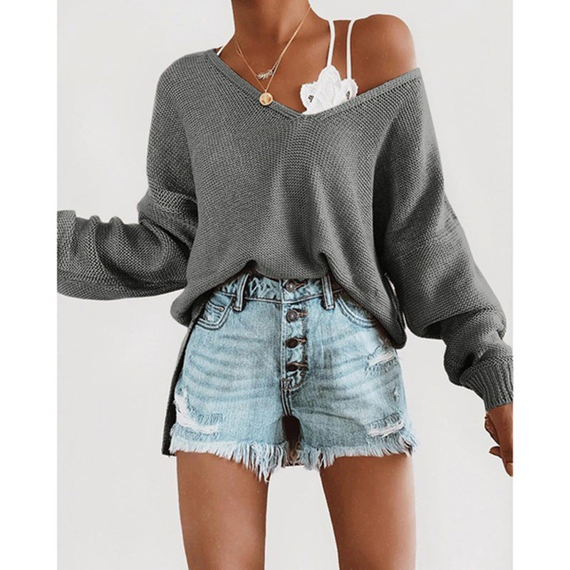 Damen lässiger Pullover mit tiefem V-Ausschnitt und überschnittenen Ärmeln Krohn-e