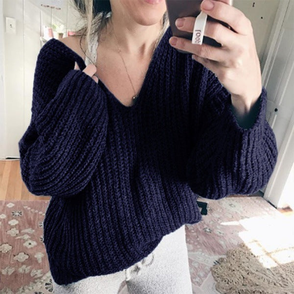 Damen Grobstrickpullover mit lässigem V-Ausschnitt und weiten Ärmeln Krohn-e