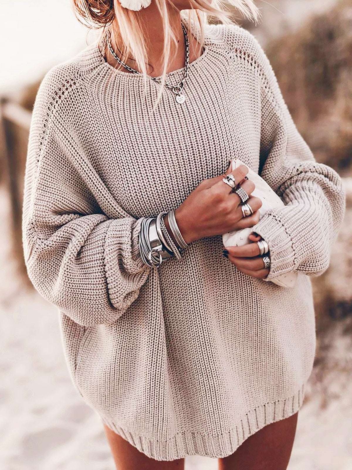 Damen Oversized Strickpullover mit luftigen Maschen und Seitenschlitzen Krohn-e
