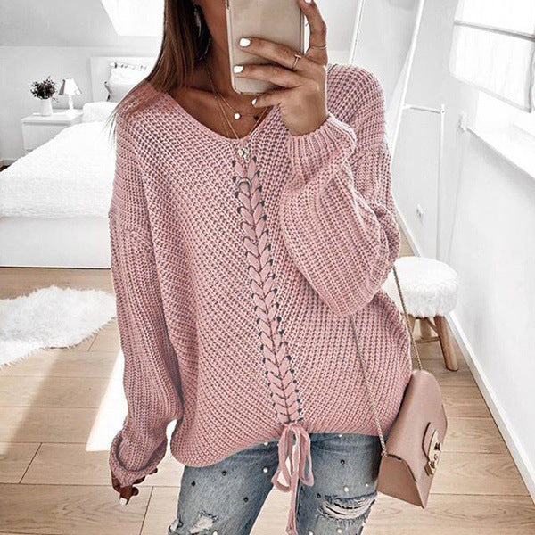 Damen Grobstrickpullover mit romantischen Schnürdetails und lässigem Schnitt Krohn-e