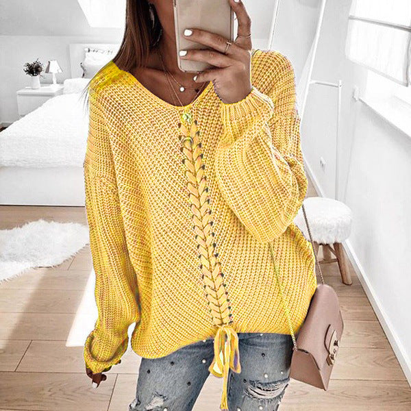 Damen Grobstrickpullover mit romantischen Schnürdetails und lässigem Schnitt Krohn-e