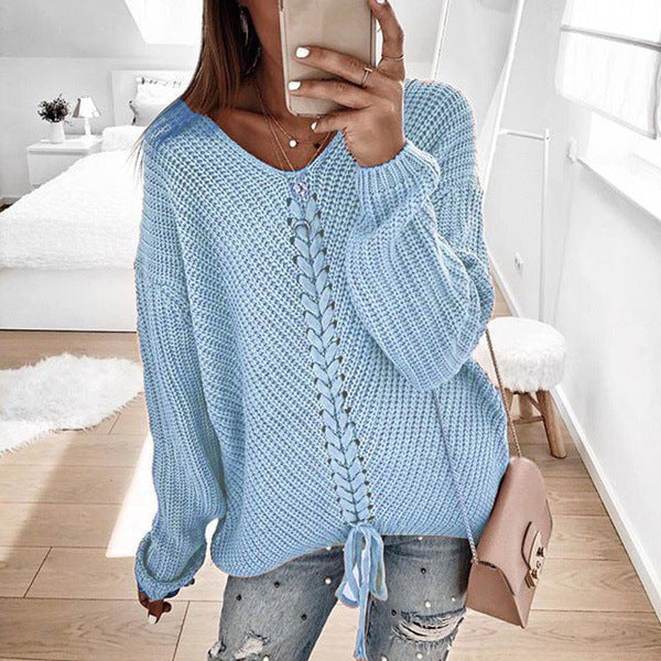 Damen Grobstrickpullover mit romantischen Schnürdetails und lässigem Schnitt Krohn-e