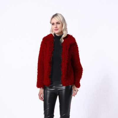 Damen Modischer Kunstpelzjacke mit elegantem Kragen und seitlichen Taschen Krohn-e
