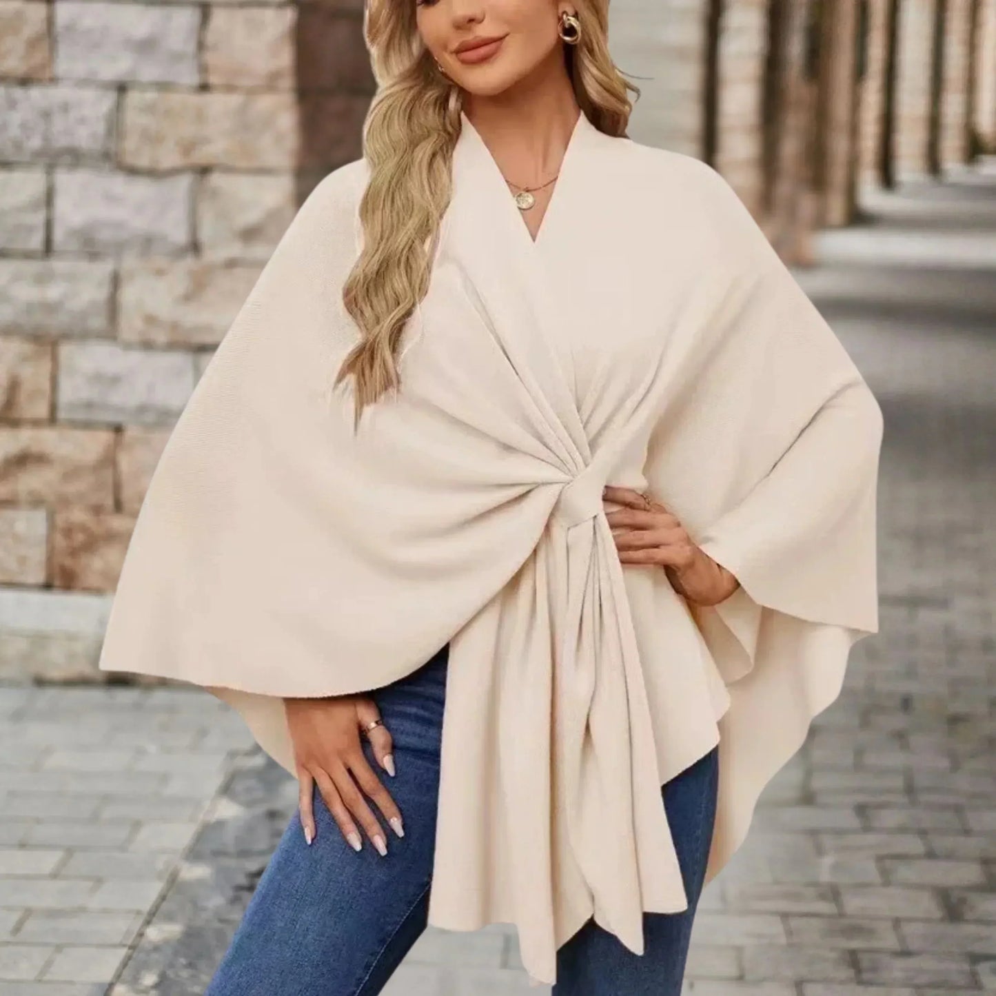 KROHN-E Damen Poncho Leicht Draped Knoten-Design Oversized