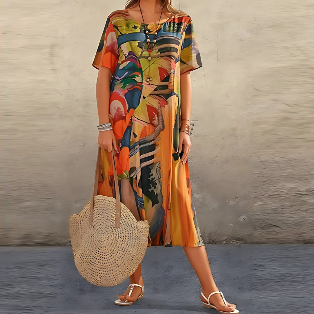KROHN-E Damen Midi-Kleid Blumenmuster A-Linie Kurze Ärmel Sommerkleid