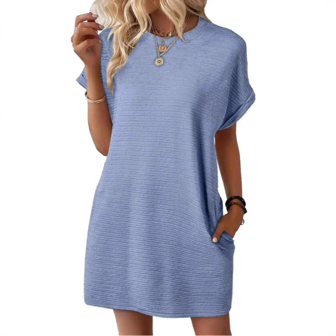 KROHN-E Damen Mini-Kleid Rundhals Kurze Ärmel Pink