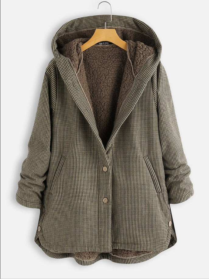 Krohn-e | Kapuzenmantel - Sherpa-Futter - Karomuster - Knopfleiste - Lässiger Schnitt Freizeit-Oberbekleidung