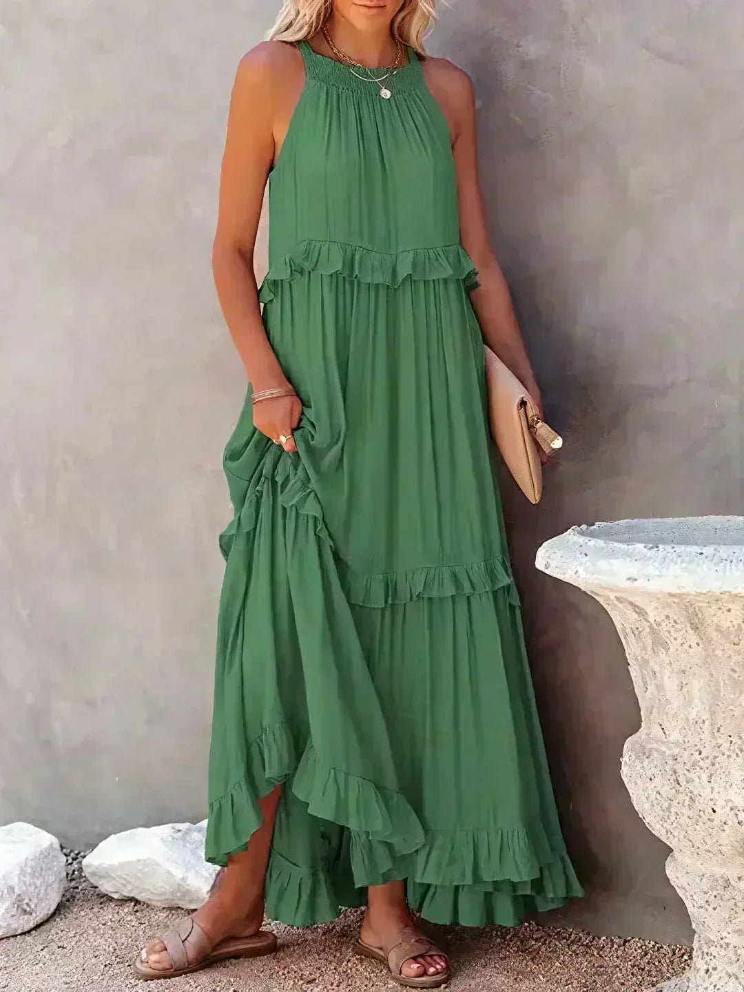 KROHN-E Damen Ärmelloses Kleid Rüschen Fließend Sommerkleid Romantisch