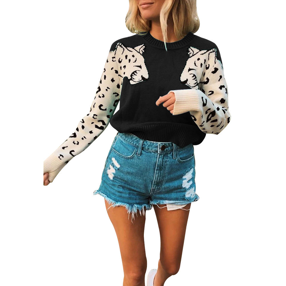 Damen modischer Strickpullover mit tierischem Motiv und farblich abgesetzten Ärmeln Krohn-e