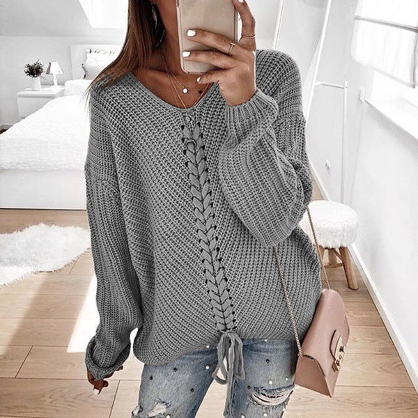Damen Großer Strickpullover mit tiefem V-Ausschnitt und dekorativem Kordeldetail Krohn-e