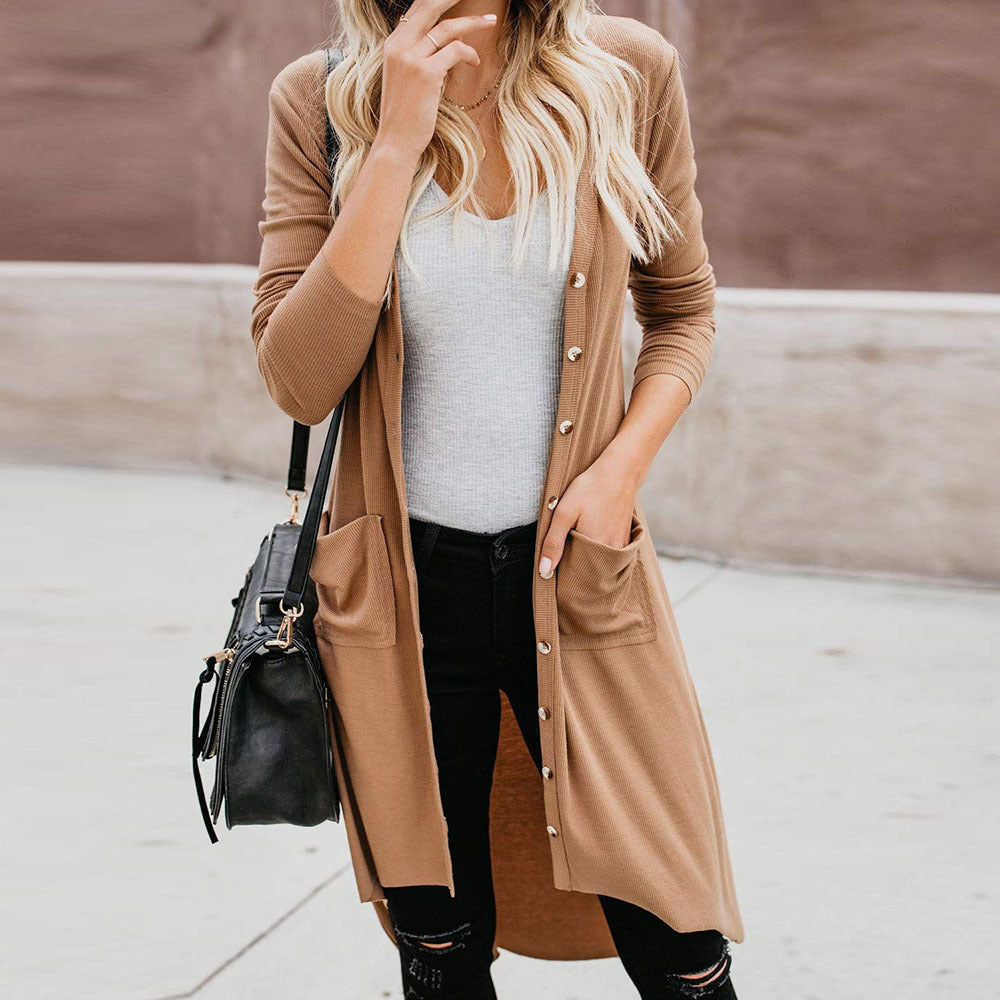 Damen langer Cardigan mit Knopfleiste und Taschen Krohn-e
