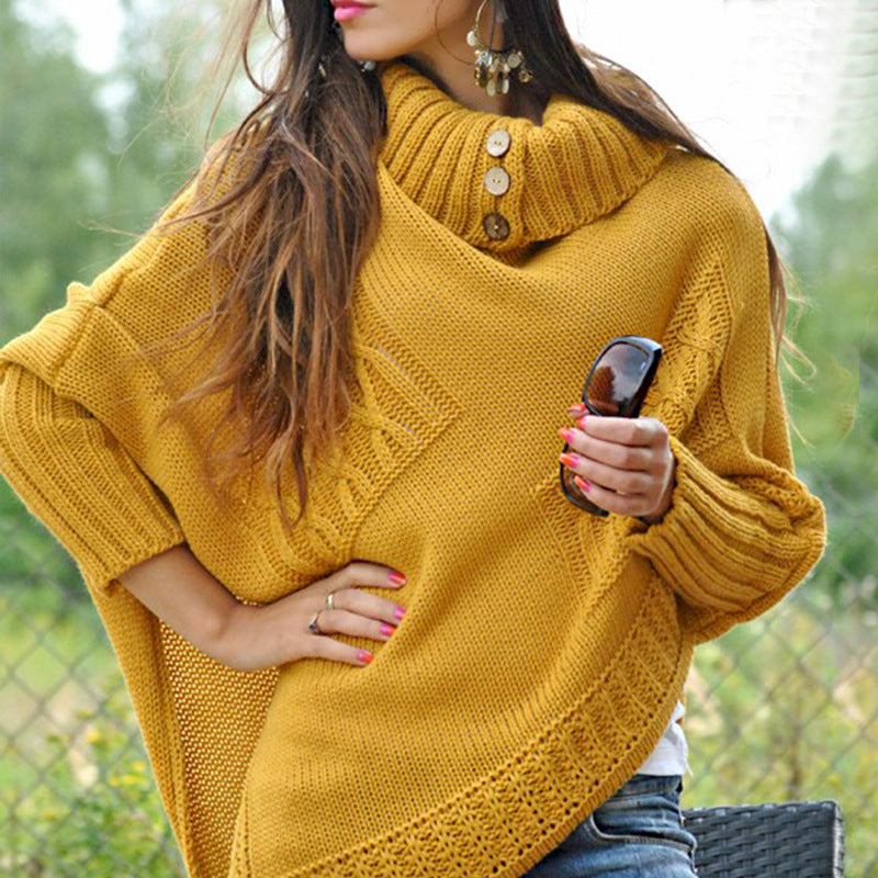 Damen Strickponcho mit hohem Kragen und Knopfdetails Krohn-e