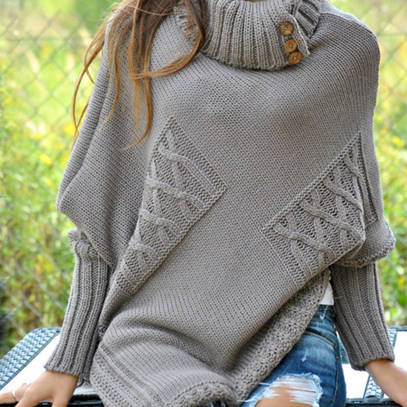 Damen Strickponcho mit hohem Kragen und Knopfdetails Krohn-e
