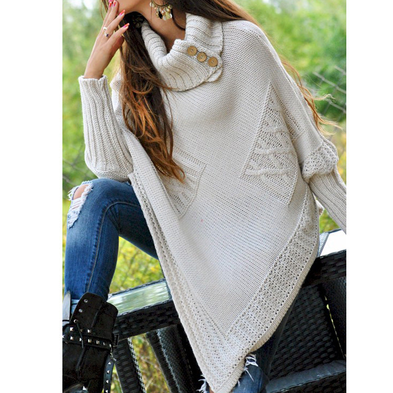 Damen Strickponcho mit hohem Kragen und Knopfdetails Krohn-e