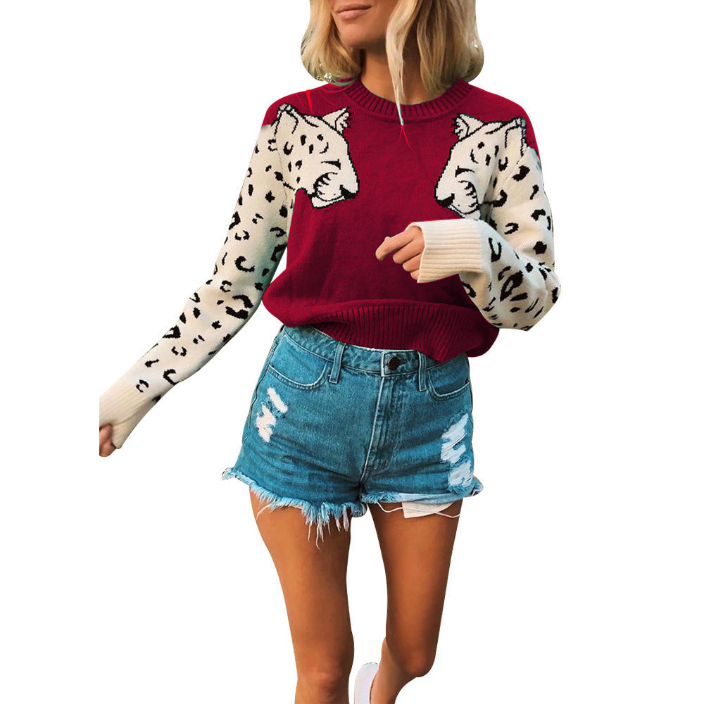 Damen modischer Strickpullover mit tierischem Motiv und farblich abgesetzten Ärmeln Krohn-e