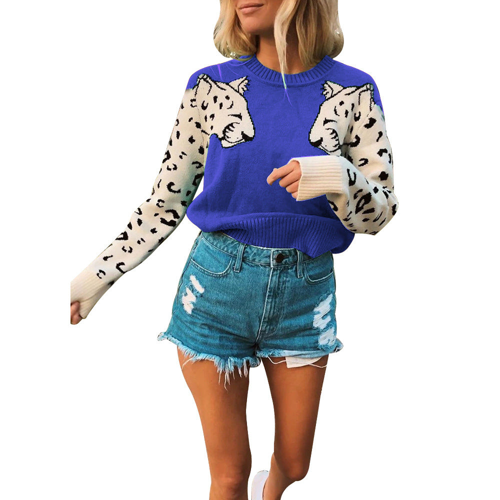 Damen modischer Strickpullover mit tierischem Motiv und farblich abgesetzten Ärmeln Krohn-e