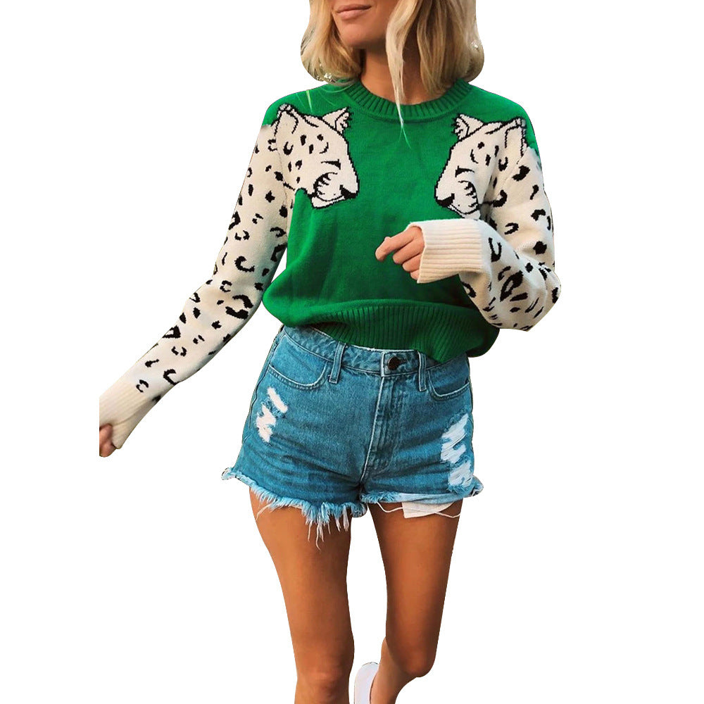 Damen modischer Strickpullover mit tierischem Motiv und farblich abgesetzten Ärmeln Krohn-e