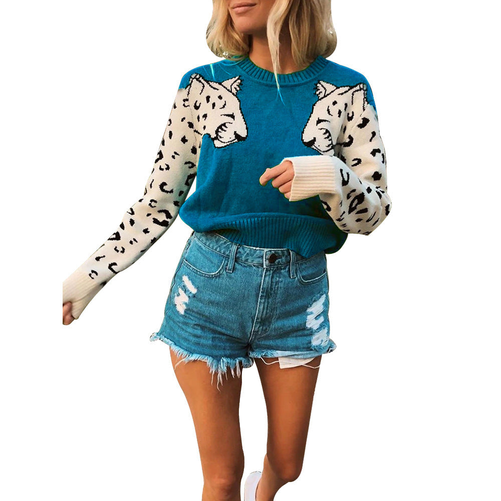 Damen modischer Strickpullover mit tierischem Motiv und farblich abgesetzten Ärmeln Krohn-e