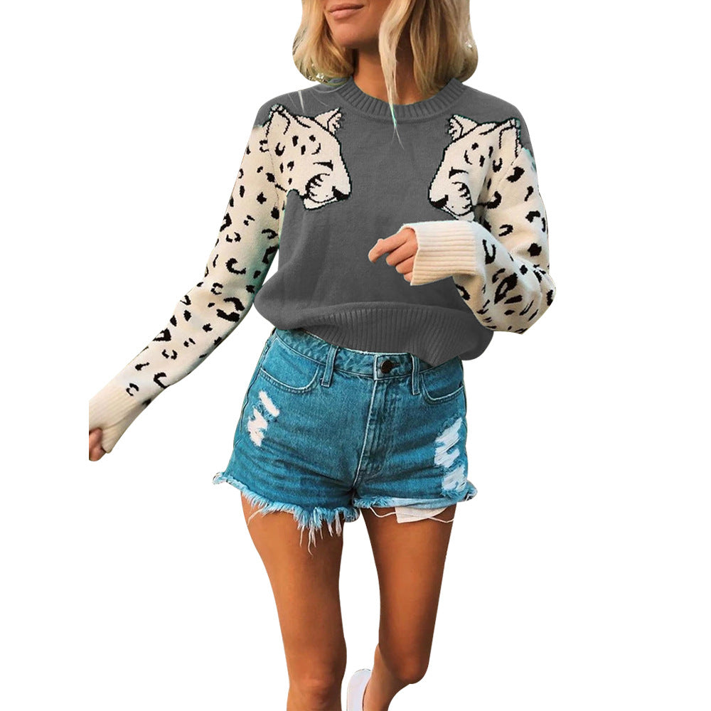 Damen modischer Strickpullover mit tierischem Motiv und farblich abgesetzten Ärmeln Krohn-e