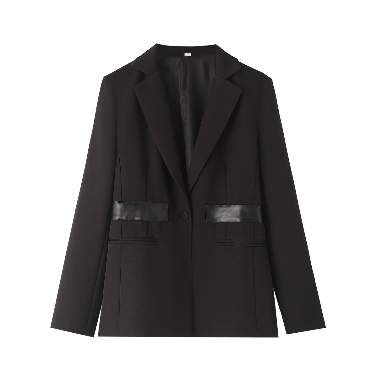 Eleganter schwarzer Blazer mit Leder-Patchwork und einem Knopf