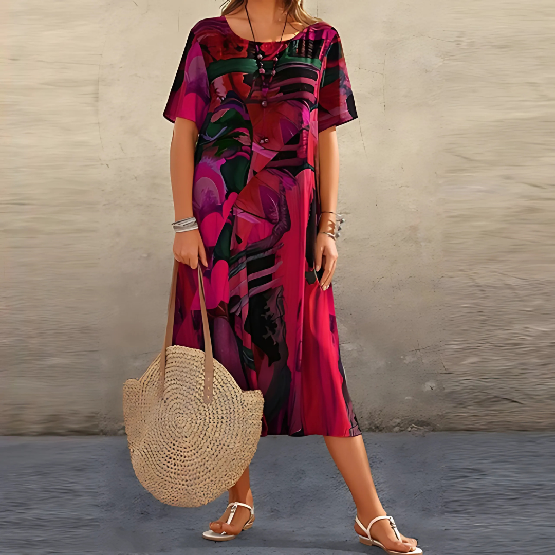KROHN-E Damen Midi-Kleid Blumenmuster A-Linie Kurze Ärmel Sommerkleid