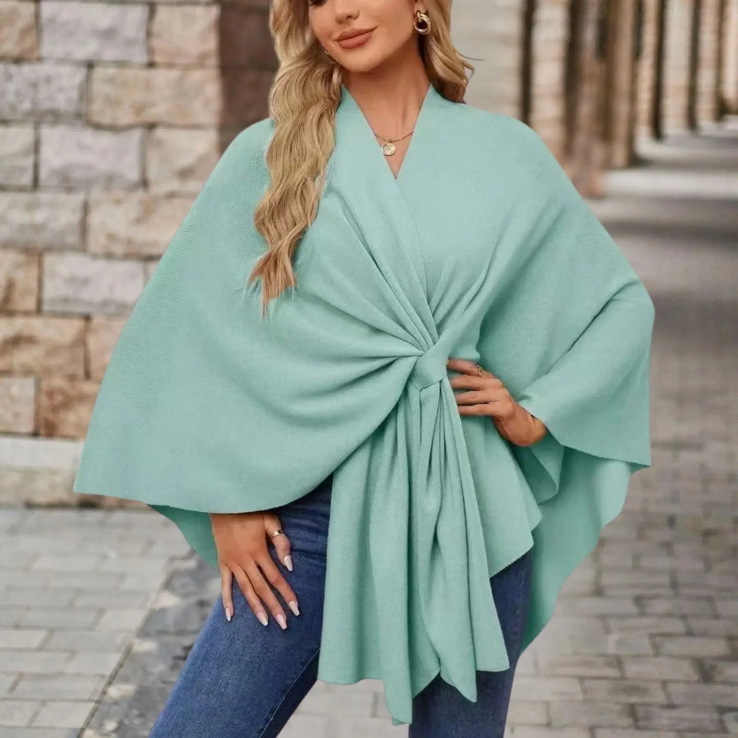KROHN-E Damen Poncho Leicht Draped Knoten-Design Oversized