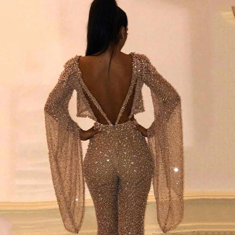 Damen Glitzerndes Zweiteiliges Set mit weitem Bein und langen Ärmeln Krohn-e