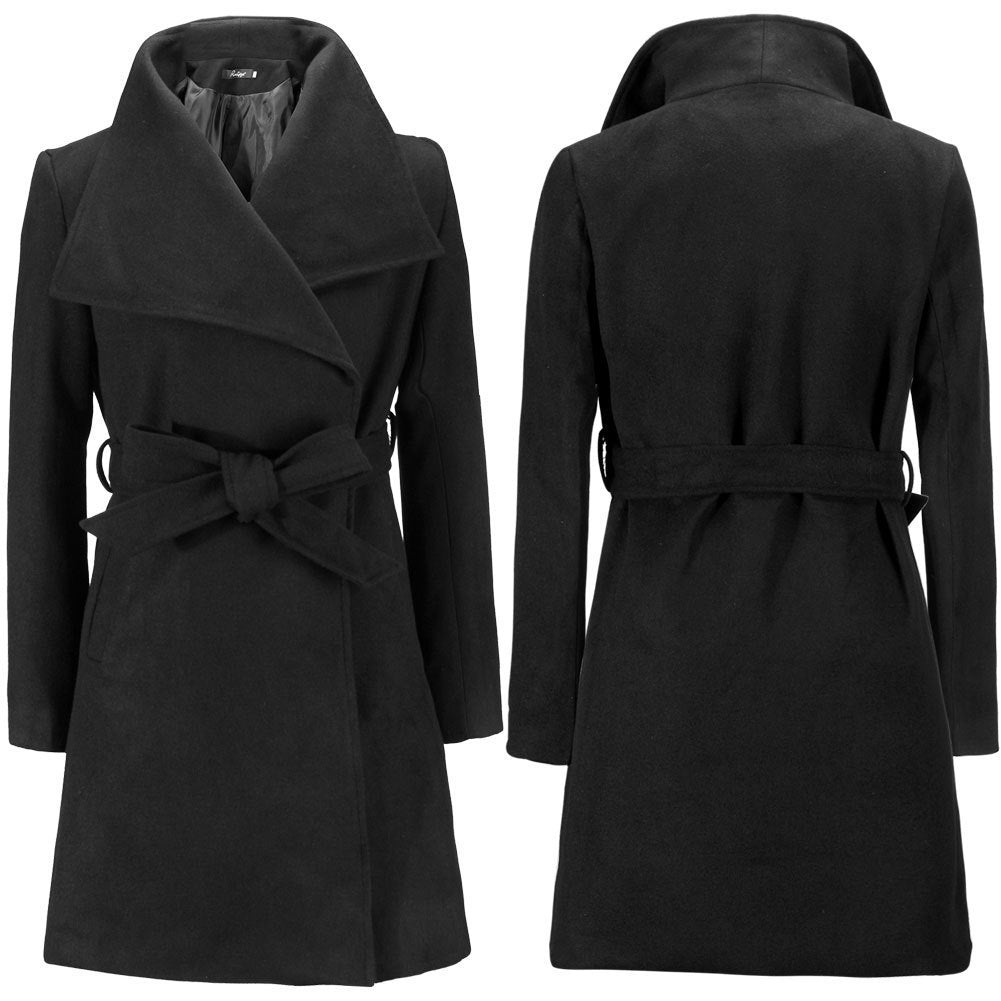 Damen eleganter Wickelmantel mit großem Kragen und Gürteldetail Krohn-e