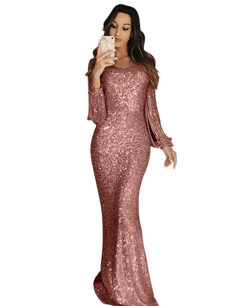 Damen elegantes Pailletten Abendkleid mit schmeichelndem Schnitt und langen Ärmeln Krohn-e