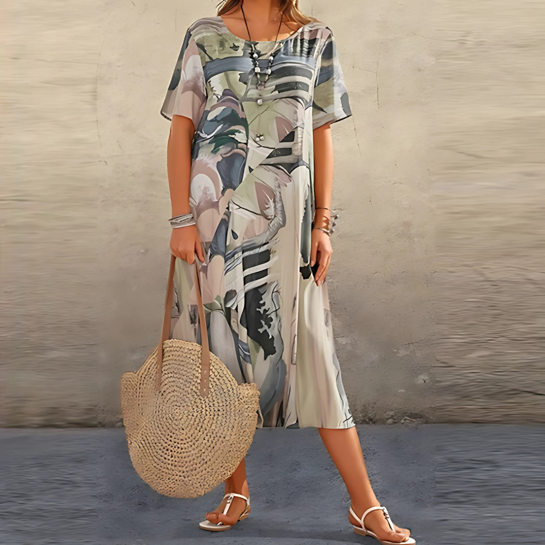 KROHN-E Damen Midi-Kleid Blumenmuster A-Linie Kurze Ärmel Sommerkleid