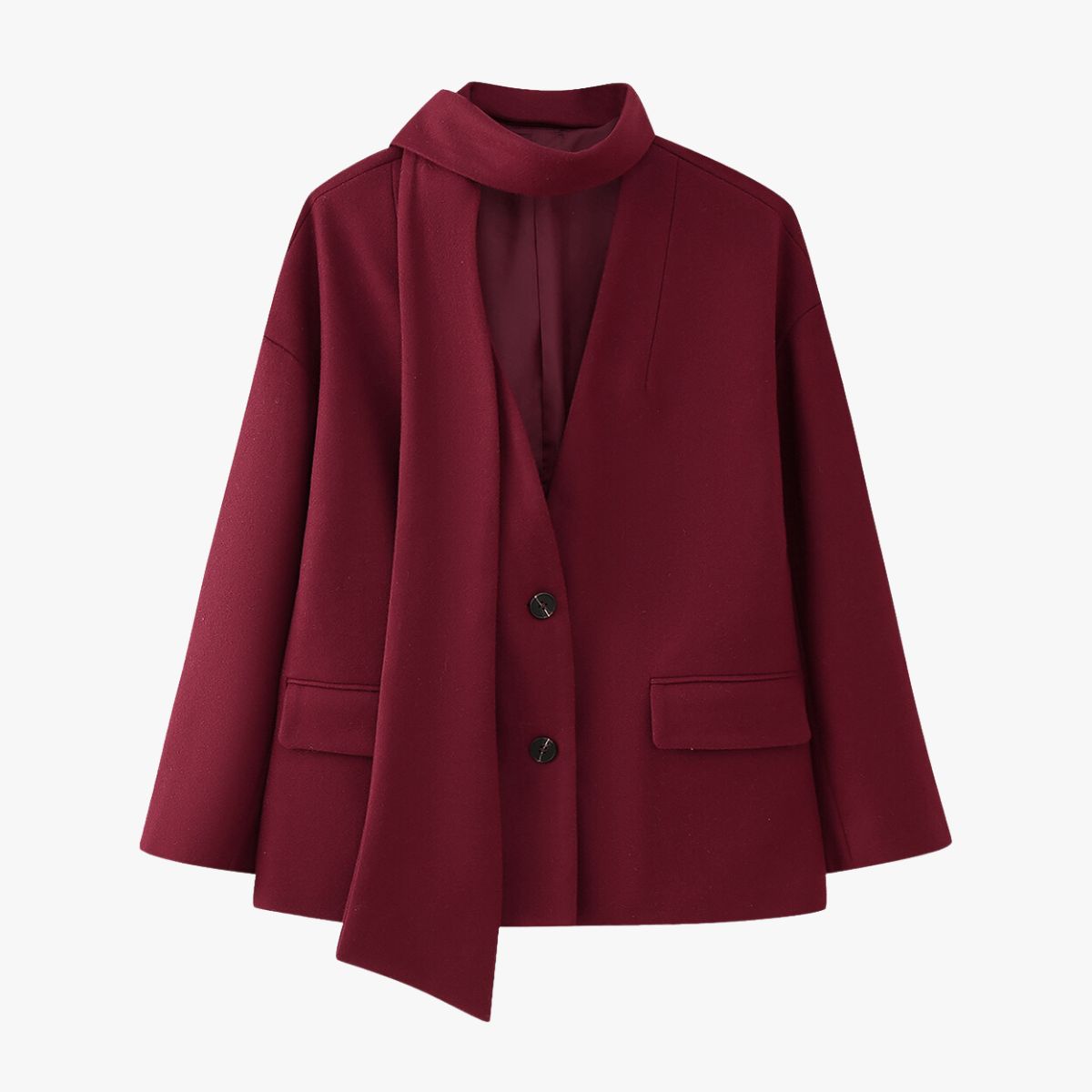 Krohn-e | Moderner Kurzmantel in Bordeauxrot mit Schal Detail