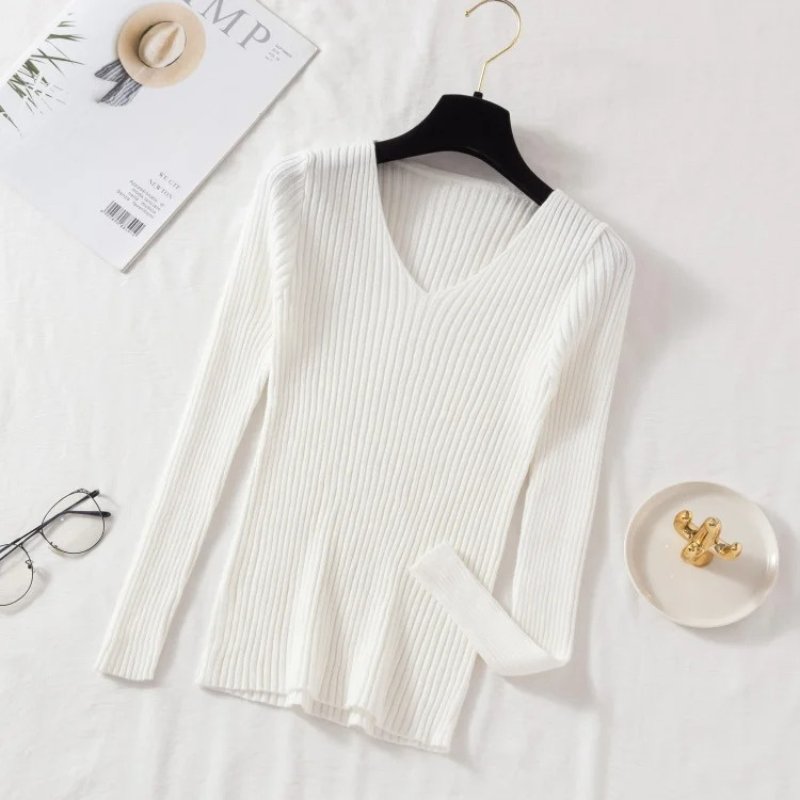 Krohn-e | Pullover - Slim-Fit Rippstrick V-Ausschnitt Pullover