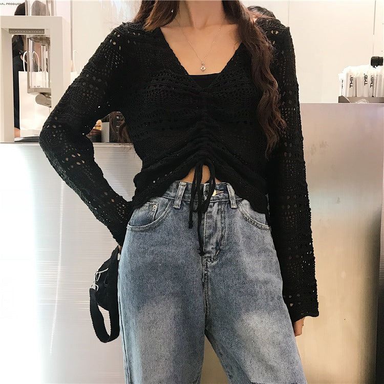 Damen luftige Strickjacke mit raffiniertem Lochmuster und Kordelzug Krohn-e