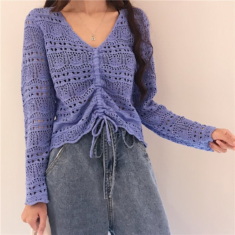 Damen luftige Strickjacke mit raffiniertem Lochmuster und Kordelzug Krohn-e