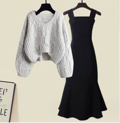 Hochwertiges Stacey Set: Kreuzstrickpullover & Fischschwanzkleid (2-teilig)