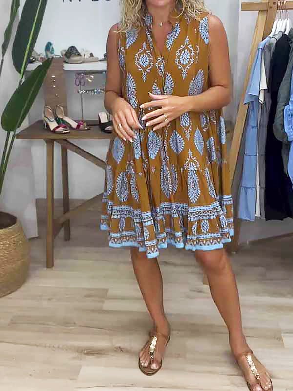 KROHN-E Damen Mini-Kleid Boho Print V-Ausschnitt Ärmellos