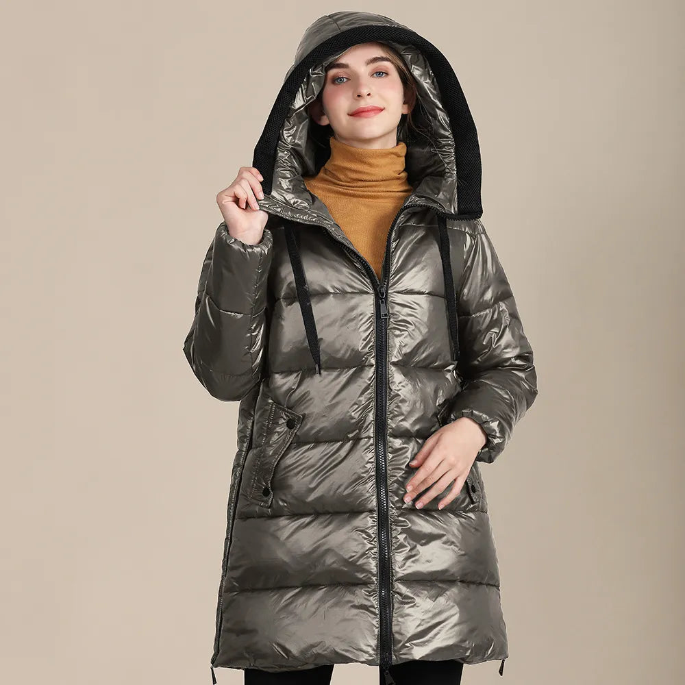 Krohn-e | glänzende, gestepptes Nylon-Winterdoudoune mit Kapuze für Damen
