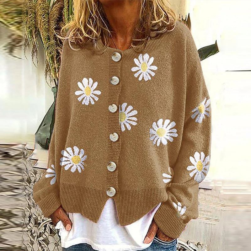 Krohn-e | Strickjacke - Damen Herbst Blumen Knopf-Überzieh Strickjacke