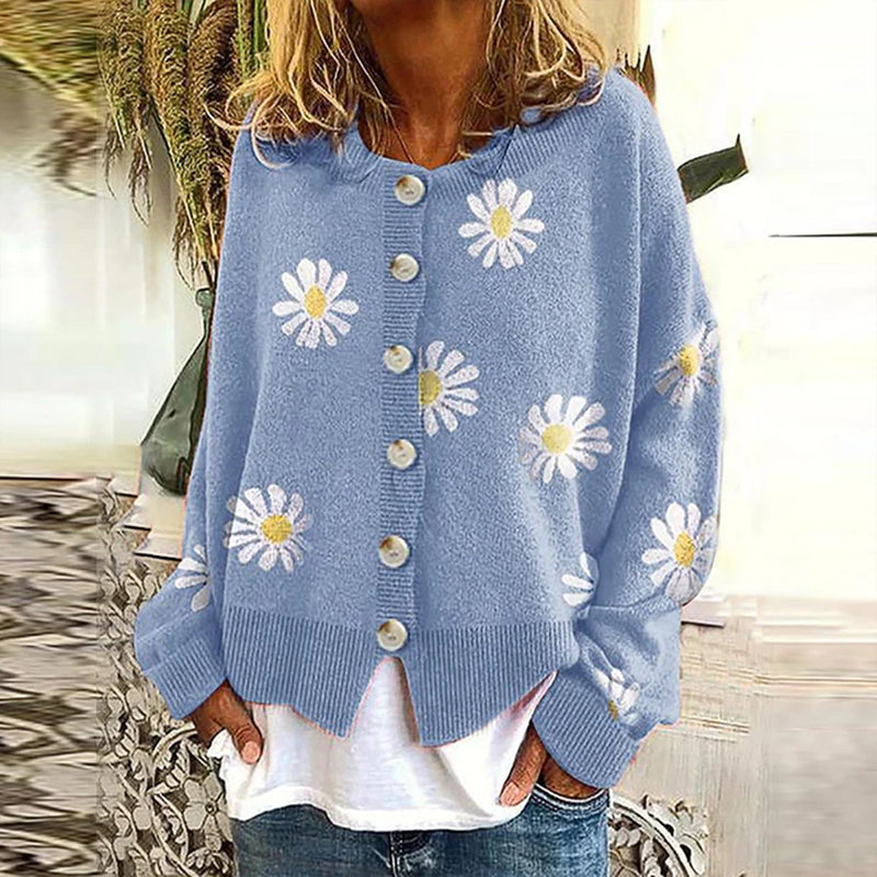 Krohn-e | Strickjacke - Damen Herbst Blumen Knopf-Überzieh Strickjacke