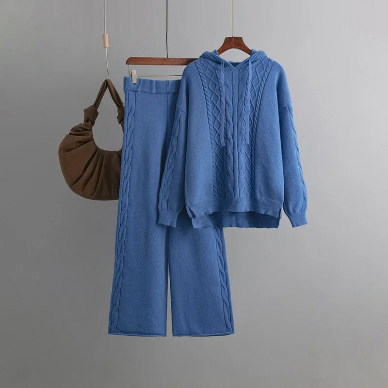 Langarm-Strickpullover mit weiten Hosen – Zweiteiliger Satz