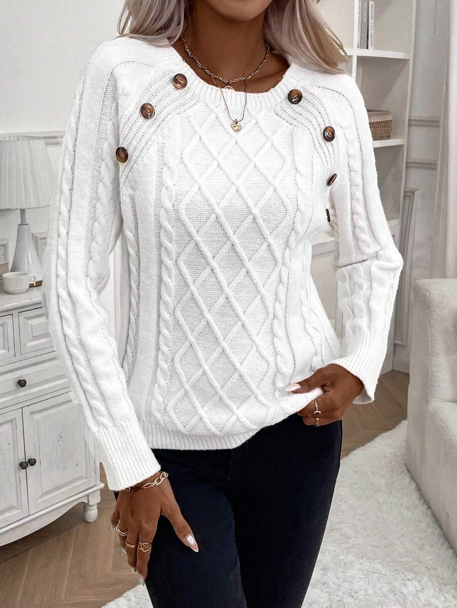 KROHN-E Damen Zopfstrick-Pullover Knopfdetails kuschelig