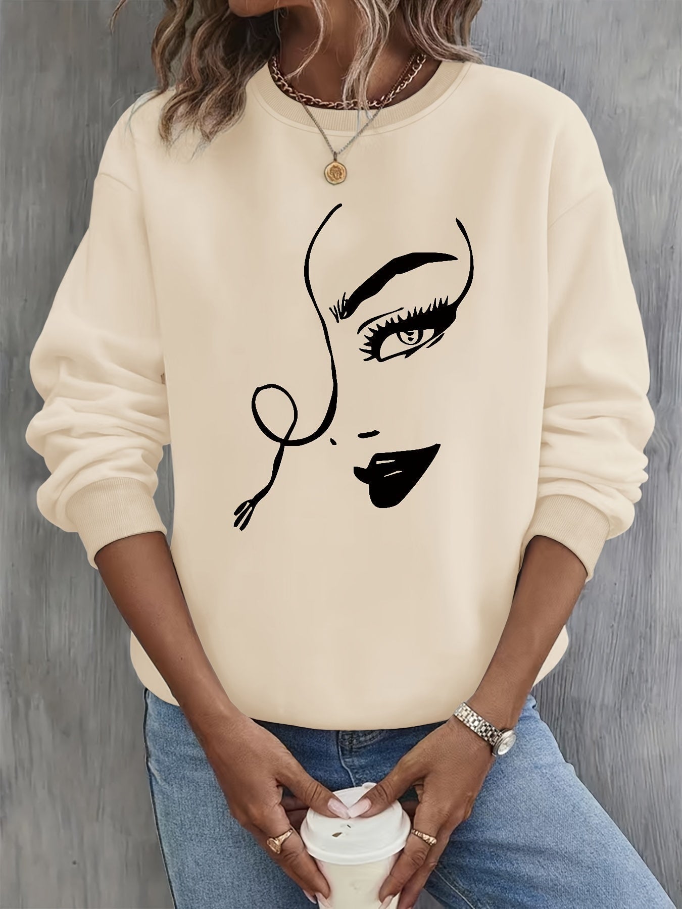Krohn-e | Sweatshirt mit Künstlerischem Gesicht Baumwolle Trendy und Bequem
