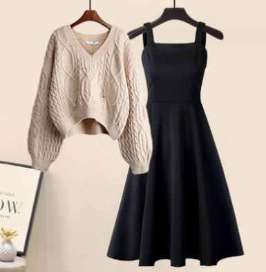 Hochwertiges Jacky-Set: Kreuzstrickpullover & elegantes Kleid (2-teilig)