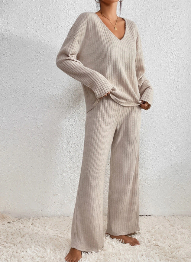 KROHN-E Damen Strick Zweiteiler Set Entspannt Beige Loungewear
