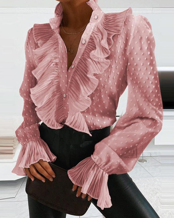 Damen Bluse aus Denim mit langen Ärmeln und Rüschen von Fudus